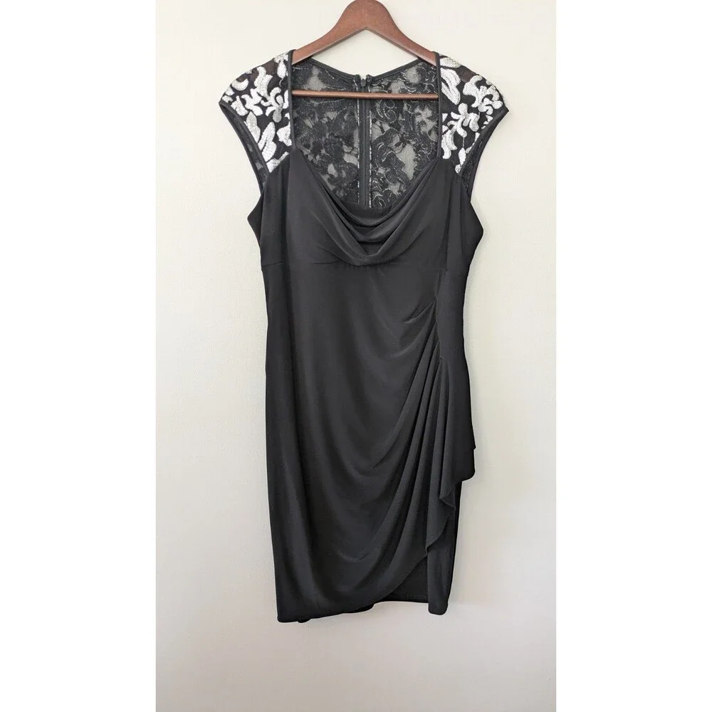 Vtg 90s Y2K Xscape Black Cocktail Dress 12 Hoco Babydoll Stretch Silver Sequin